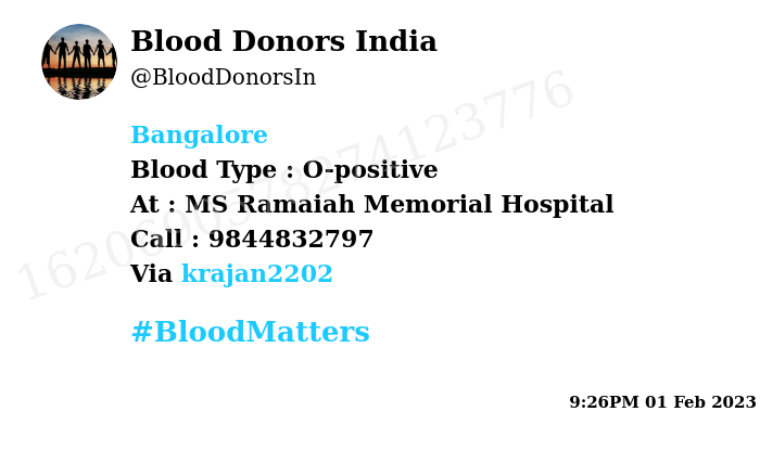 BloodDonorsIn's tweet photo. #Bangalore
Need #Blood Type :  O-positive
Blood Component : Platelets
Number of Units : 2
Primary Number : 9844832797
Patient :  Manjunath Chakrasali
Via: @krajan2202
#BloodMatters https://t.co/z6VPNly50z