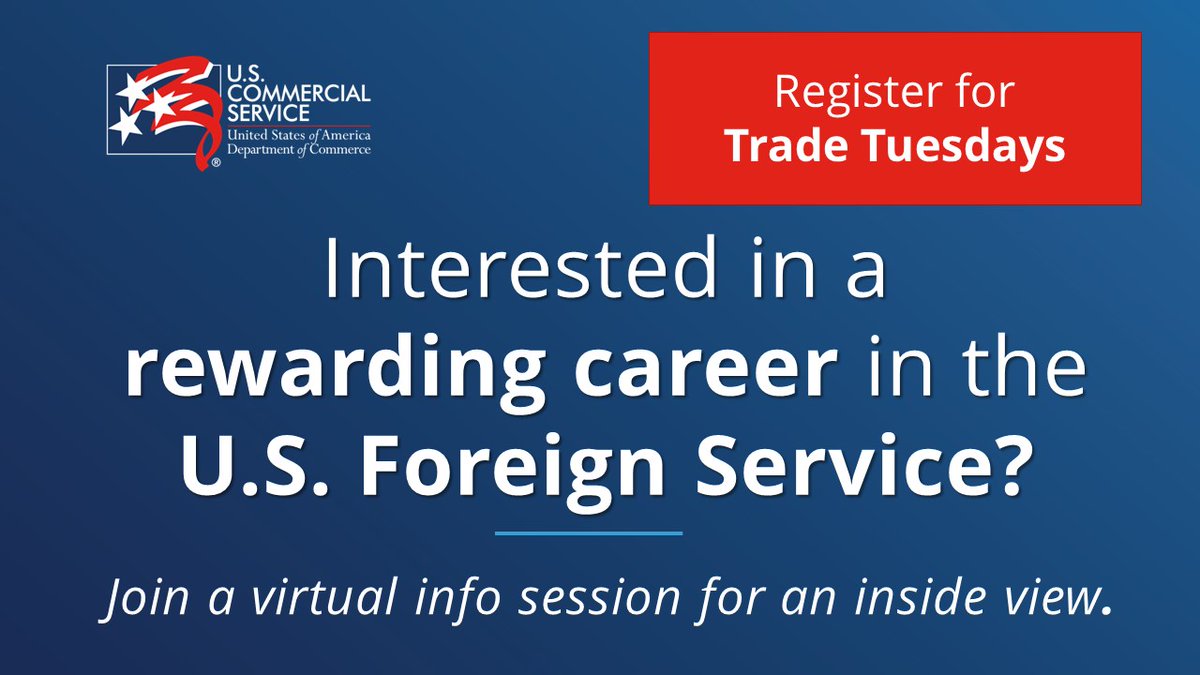 ExportGov's tweet photo. Register for the Feb 21 (3 pm ET) virtual "Trade Tuesday." You'll explore an exciting #career in #internationaltrade &amp; with our U.S. Foreign Service. Learn about the monthly sessions at https://t.co/ZqQIYRWzBg https://t.co/LcBmhUS45c