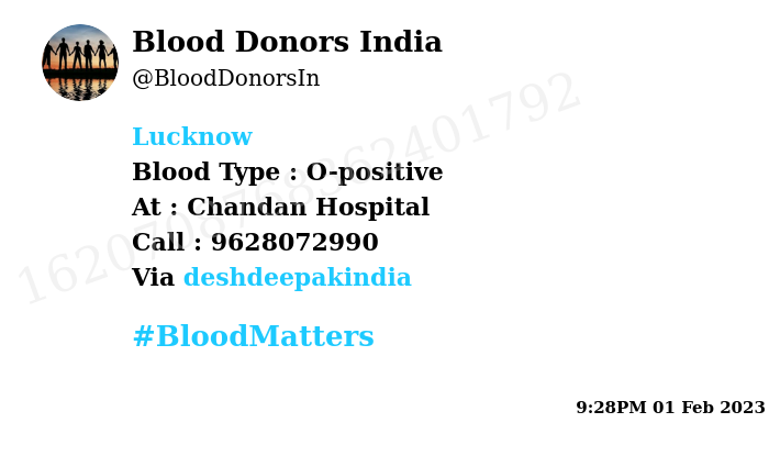 BloodDonorsIn's tweet photo. #Lucknow
Need #Blood Type :  O-positive
Blood Component : Blood
Number of Units : 4
Primary Number : 9628072990
Via: @deshdeepakindia
#BloodMatters https://t.co/j12F9FGEsb