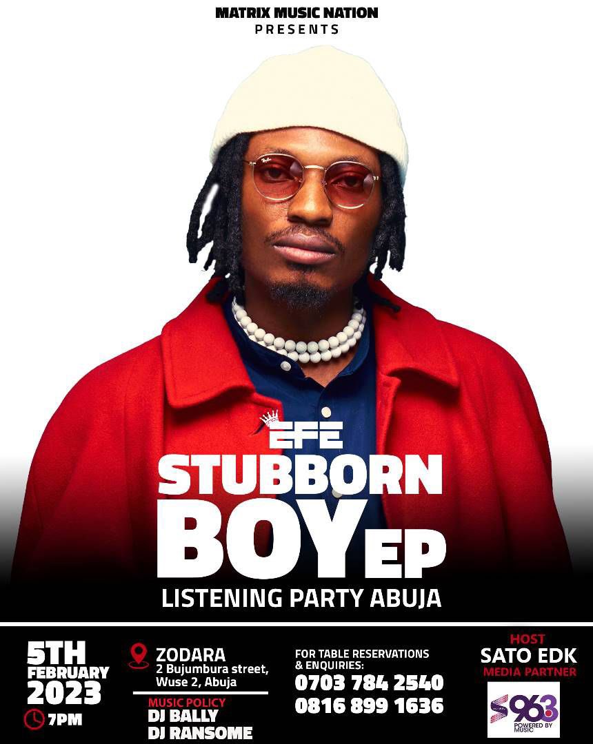 ZodaraNg's tweet photo. Stubborn Boy EP listening party with @efemoney happening this Sunday, 5th February at your favorite bar 🤩. 

Host: @satoedk 
Music policy: @ogabally @only1djransom 
Time: 7pm

#listeningparty #abujaparties #zodara #AbujaTwitterCommunity https://t.co/JWHcJlRH7O