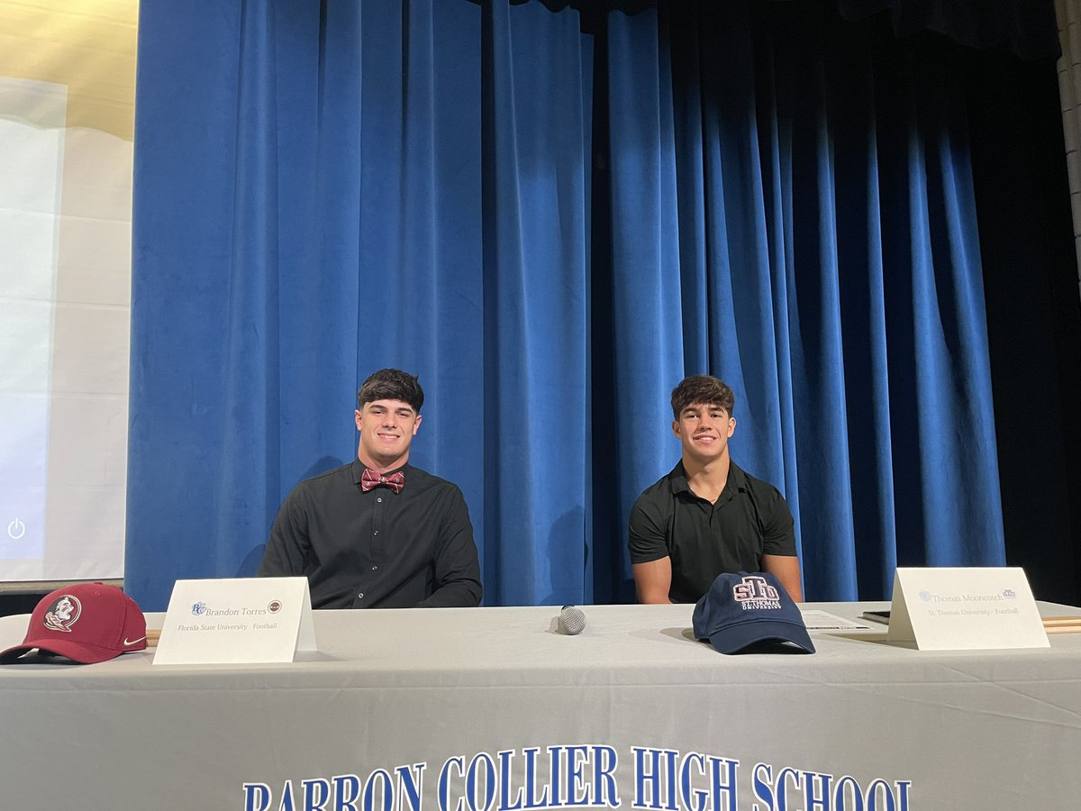 Here at <a href="/BarronCollier/">Barron Collier</a> for #NationalSigningDay.

Brandon Torres (<a href="/brandonjtorres/">brandon.torres</a>) will play for <a href="/FSUFootball/">FSU Football</a>, and Tommy Mooncotch (<a href="/TommyMooncotch/">Tom Mooncotch</a>) will play for <a href="/StThomasUniv/">St. Thomas University</a>.

<a href="/NDN_PrepZone/">NDN PrepZone</a>