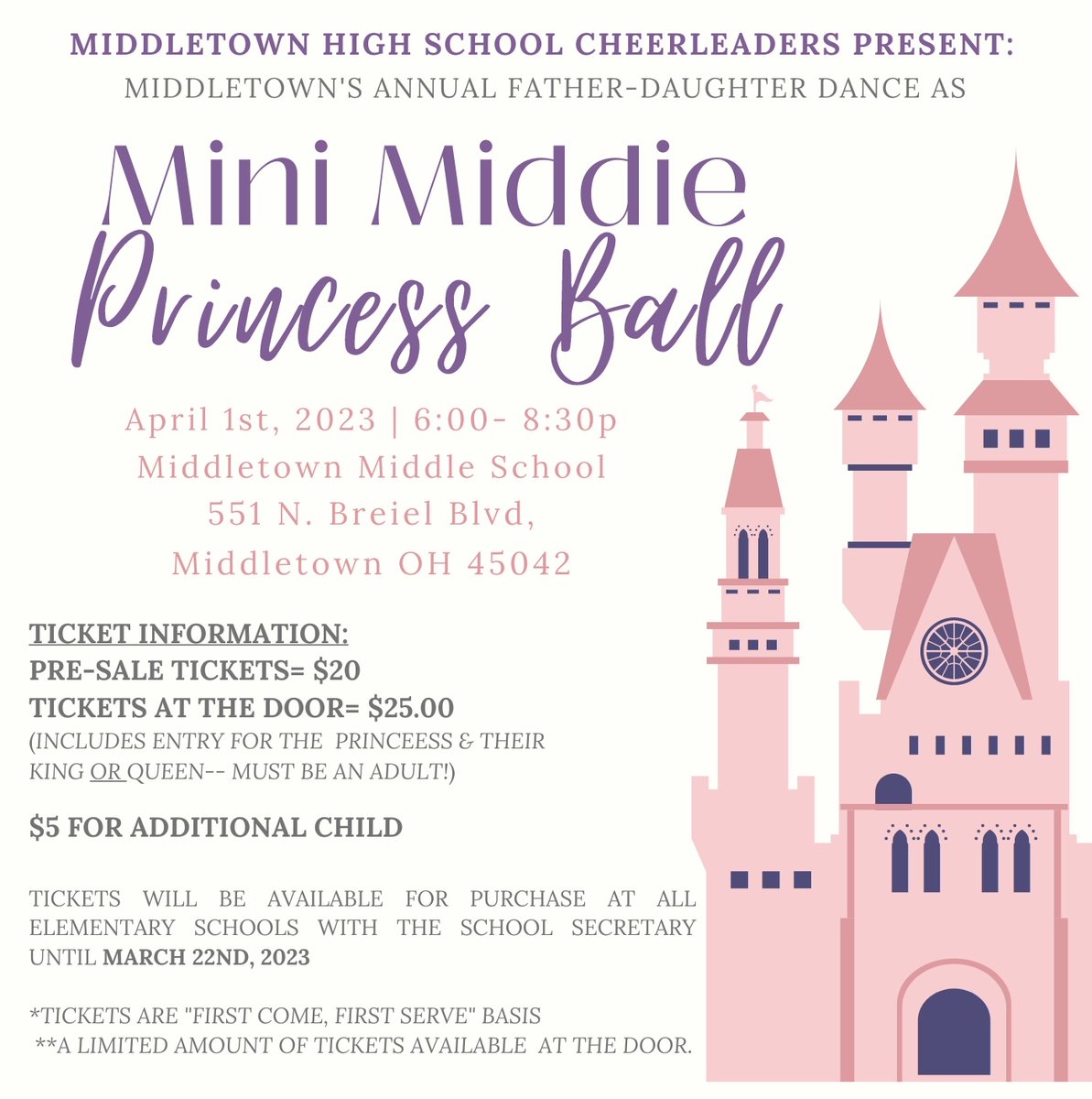 mhsmiddiecheer's tweet photo. Mark your calendars Middies! Your MHS Cheerleaders will be hosting this years Father Daughter Dance! We are so excited!! Tickets will be on sale from 3/1-3/22 with all school secretaries💖👑 #MiddieCheer #PrincessBall2023 

Questions? Email us at middletowncheercoaches@gmail.com. https://t.co/etXj1vn6zP
