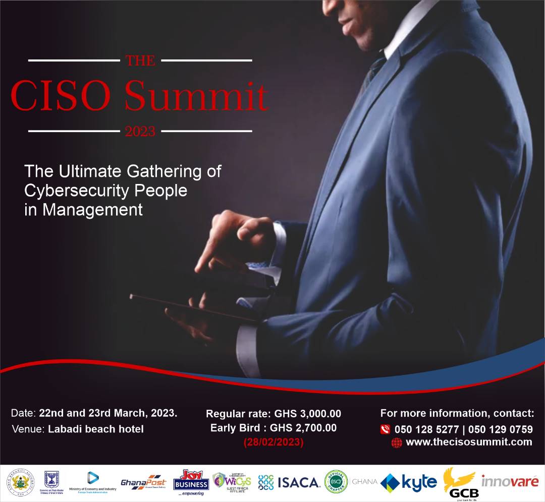 innovaregroup_'s tweet photo. The clock is ticking and so is the threat landscape. Join the Elite Community of Cybersecurity Professionals at The CISO Summit 2023 as we discuss Cybersecurity Thought Leadership &amp; Management and Innovative Solutions. 
Register today at https://t.co/8yUyMqyjX0 or call 0572760472 https://t.co/Rvo79wfVZQ