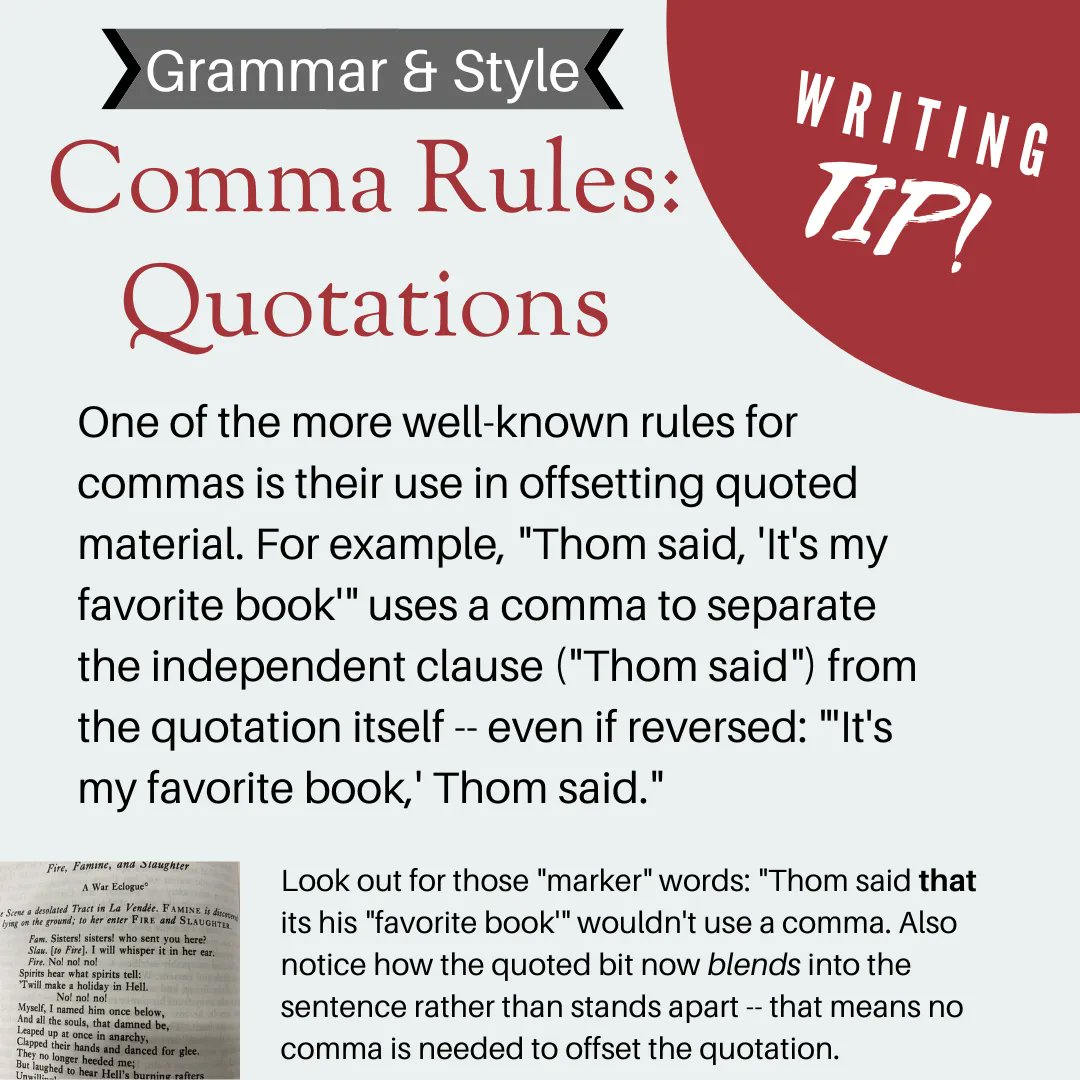 wjwritingcenter's tweet image. This week&apos;s writing tip opens our comma-rules series! We&apos;re starting with an easy one -- using commas to embed quotations! Check out this week&apos;s tip to learn more! #weeklytip #writingtips