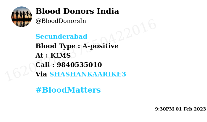 BloodDonorsIn's tweet photo. #Secunderabad
Need #Blood Type :  A-positive
Blood Component : WBC
Number of Units : 1
Primary Number : 9840535010
Secondary Number : 8309373876
Patient : A N JAGADISH
Via: @SHASHANKAARIKE3
#BloodMatters https://t.co/9n7whX73fa