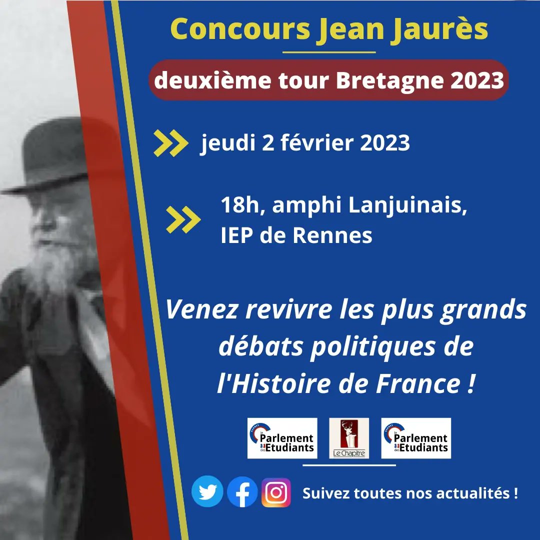 PE_Rennes's tweet photo. 🔵🔴 Le parlement des étudiants vous donne rendez-vous demain à 18h pour assister à la deuxième partie de notre grand concours d'éloquence ! 

➡️ Le gagnant aura l'occasion d'aller disputer la finale du concours Jean Jaurès à Paris, face aux autres orateurs ! 😉🇨🇵 https://t.co/n93OZXFdzW