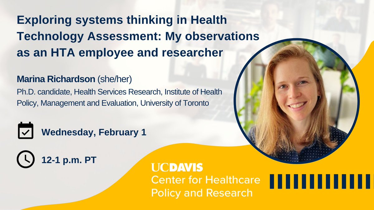 Last chance to register! 

<a href="/Marina323/">Marina Richardson</a>, <a href="/UofT/">University of Toronto</a> and <a href="/ihpmeuoft/">IHPME</a>, joins the #CHPRSeminarSeries today at Noon to share her research and experiences with #Health Technology Assessment.

Register now: ow.ly/snau50MzoUs