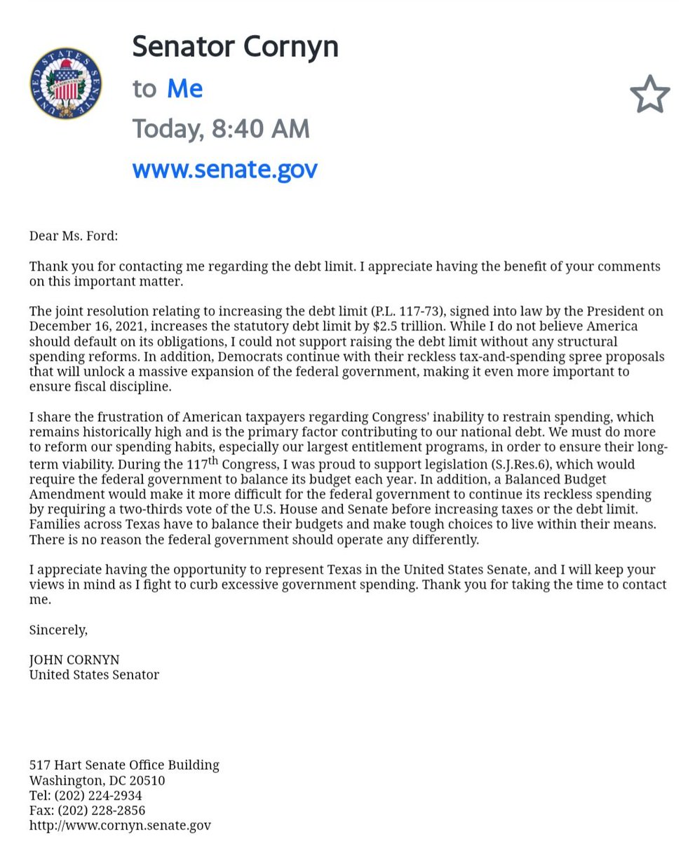 jkf3500's tweet photo. ๐คฌ๐คฌ๐คฌ Letter from Sen. Cornyn and my reply. I am pissed. #ONEV1 #OVTX #EndTheRepublicanTaxScam https://t.co/VCiXYcdpat