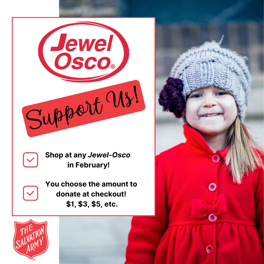 Supporting The Salvation Army is as easy as checking out at your local Jewel-Osco! This month, shop in person at any <a href="/jewelosco/">Jewel-Osco</a> in your area and select your donation amount to support The Salvation Army. Start shopping and helping someone in need today! #jewelosco #donate