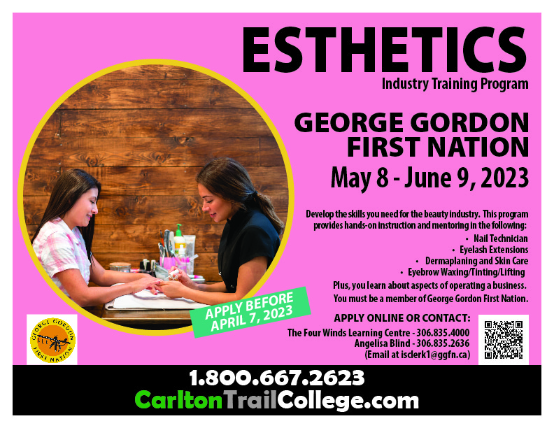 CarltonTrail's tweet photo. Develop the skills you need for the beauty industry. Learn about nails, eyelash extensions, skincare, operating a business and more. ESTHETICS starts on May 8 at George Gordon First Nation (GGFN). This program is open to members of GGFN. Apply today at https://t.co/ovH3kEqtjI https://t.co/LNpjCMVNT5