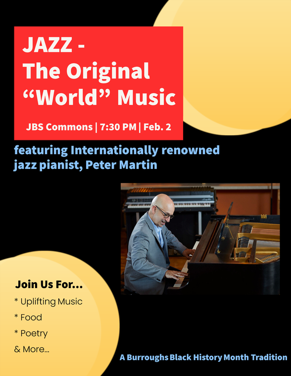 JBSchool's tweet photo. After Dr. Evans’s presentation, stick around for our semi-annual Black History Month Concert at 7:30 pm in the Commons, featuring Grammy-winning jazz pianist &amp; JBS past parent Peter Martin with Bob DeBoo and Kaleb Kirby. This event is hosted by the Community &amp; Equity Partnership. https://t.co/HxHzXF8hqz