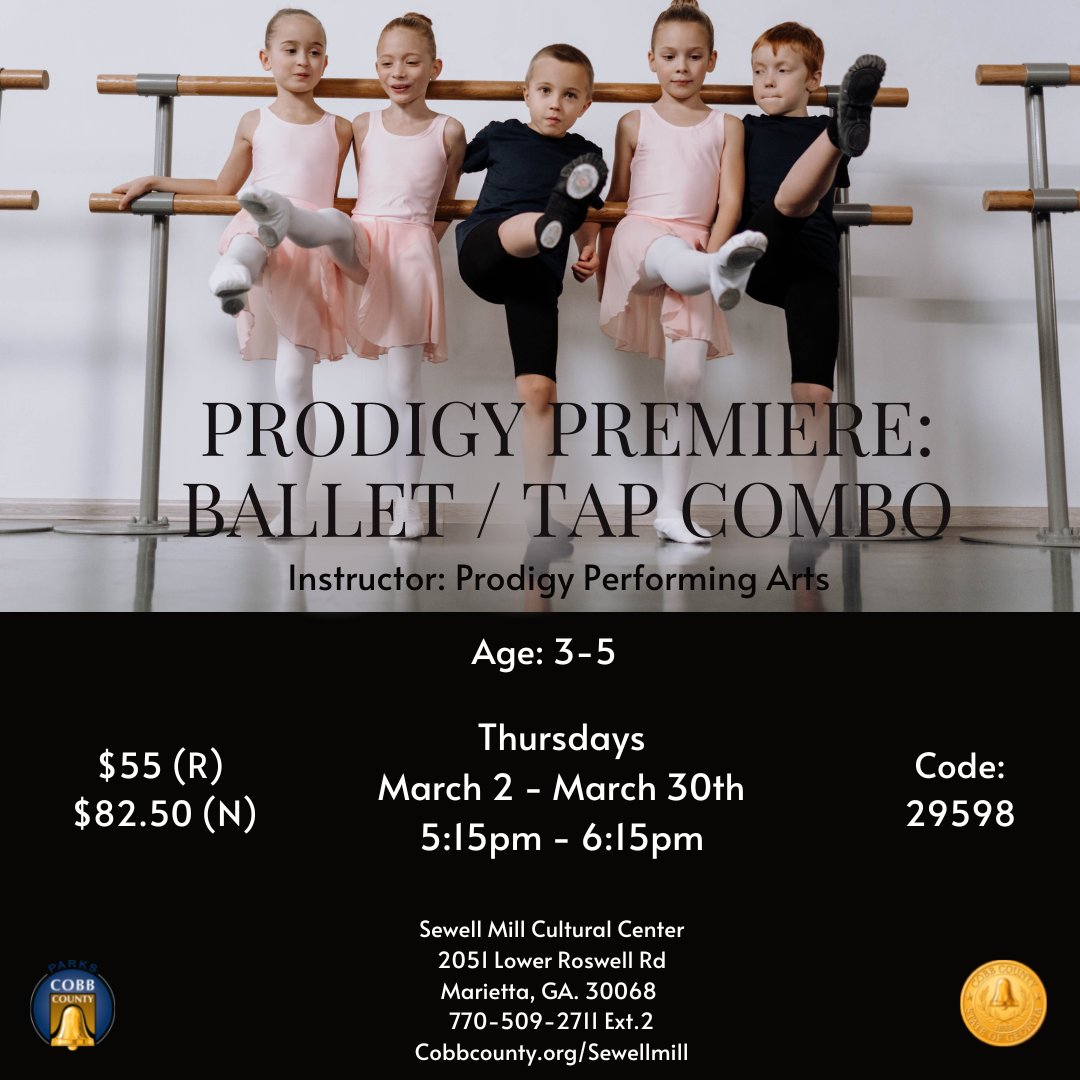 This fun Ballet+Tap class will introduce preschoolers to the lively music and fun way of practicing proper technique. A performance for the parents will be held at the end of the session! #cobbarts #danceclass #balletclass #tapdanceclass 
Register here: secure.rec1.com/GA/cobb-county…