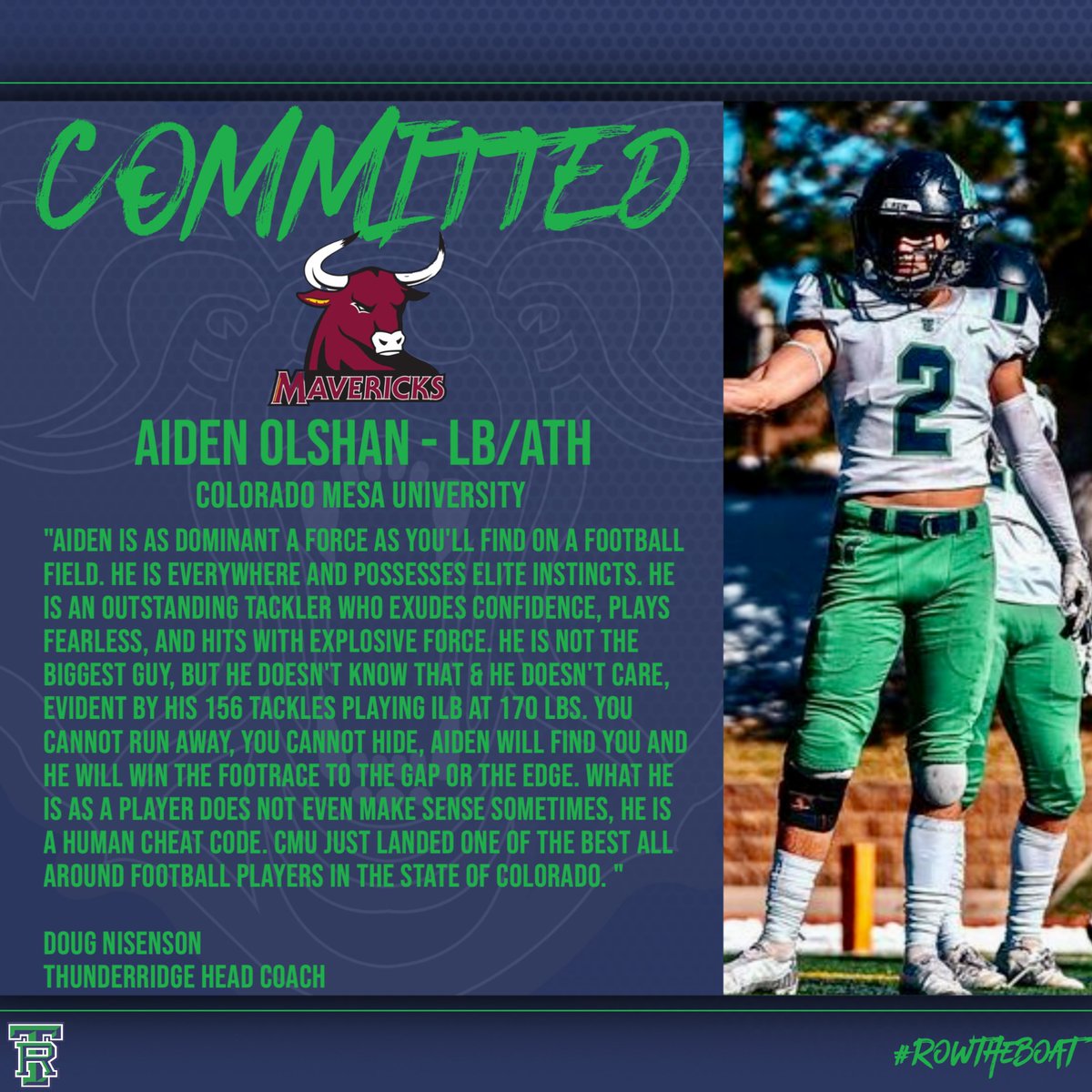 A true IMPACT player! We celebrate Aiden Olshan's commitment to CO Mesa. Aiden is one of COs top tacklers &amp; a leader of one of COs top defenses. This kid can fly, he will hit you &amp; he has fun doing it! #TRFootball is proud of you! #AlwaysAGrizzly #CultureWins #RowTheBoat #copreps