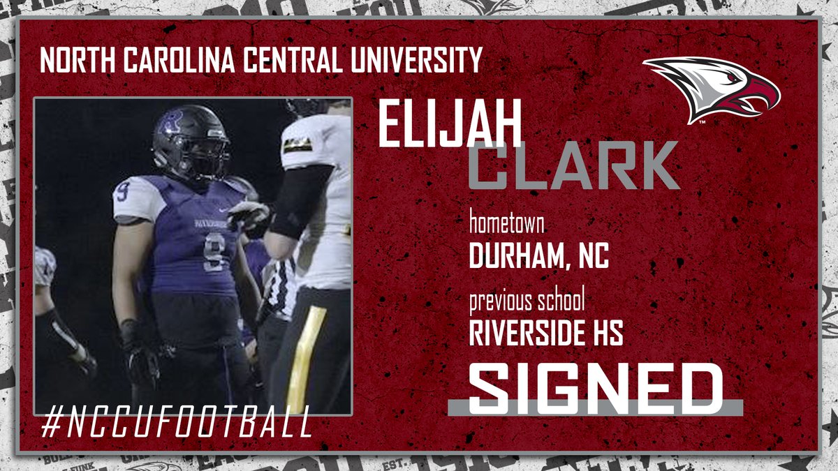 WELCOME TO THE #NCCU FAMILY! Elijah Clark, DT, 6-1, 285, Riverside HS (Durham, NC). 3-time First Team All-Conference. 2022: 83 tackles, 31 tackles for a loss, 8.5 sacks.

Video: hudl.com/profile/129519…

#BeGREAT | #EaglePride 
<a href="/NCCU_Football/">NC CENTRAL FB | 🦅🏆🦅</a>