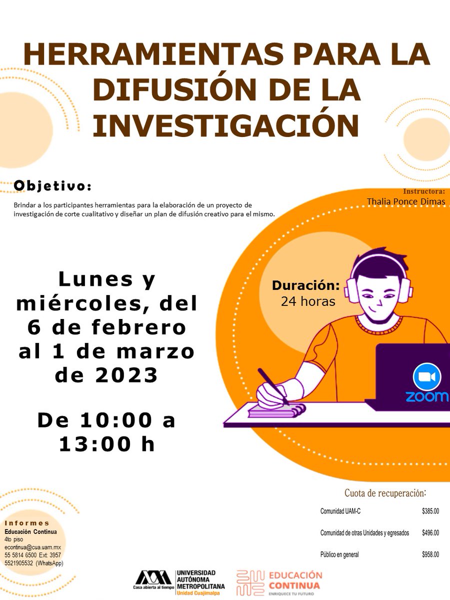 lauammx's tweet photo. Curso: Herramientas para la difusión de la investigación
.
🗓 FEBRERO 6 A MARZO 1RO.
⌚ LUNES Y MIÉRCOLES, DE 10:00 A 13:00 HRS.
▶ https://t.co/648CSerUkl
📲 WhatsApp: 55 2190 5532
📍 Unidad Cuajimalpa
.
#UAM #SoyUAM #UAMCuajimalpa
#UAMInstructiva https://t.co/w2uEcKrBRc