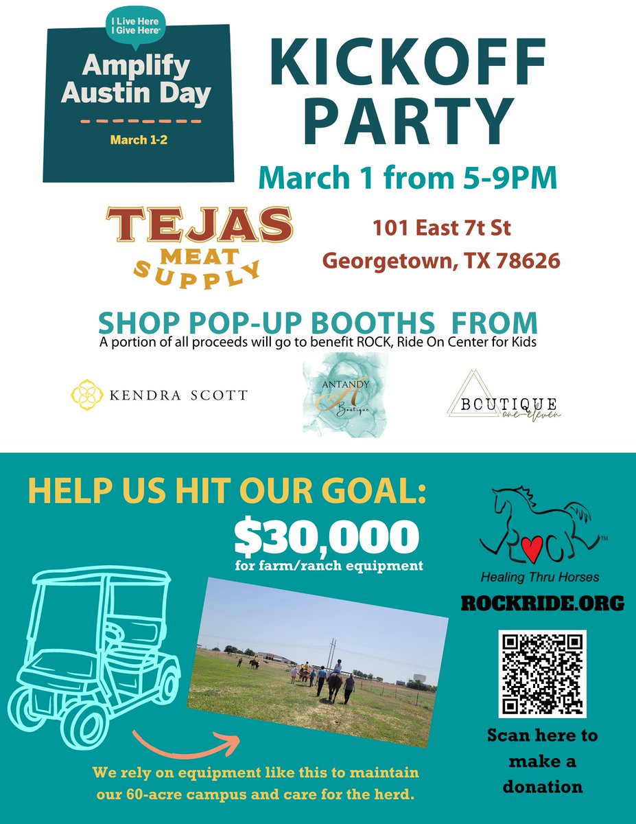 ROCKRideOn's tweet photo. #AmplifyAustinDay is just a month away! Mark your calendars 📅 ROCK is hosting a Kickoff Party on March 1 from 5-9PM at Tejas Meat Supply (101 E. 7th Street, Georgetown). #amplifyaustin #ilivehereigivehere #texasnonprofit #atx #austin https://t.co/gdtS4mr6qv