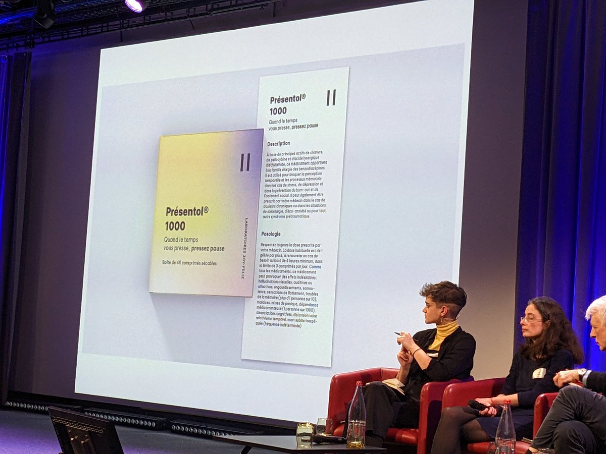 #forumdesfuturs2023 <a href="/maxmollon/">Max Mollon (Ph.D.)</a> présente un 2e vestige du futur, date 2067, type : médicament - Le Présentol 
Substance légale obtenue par prescription médicale qui permet de bloquer la perception temporelle...
#designfiction