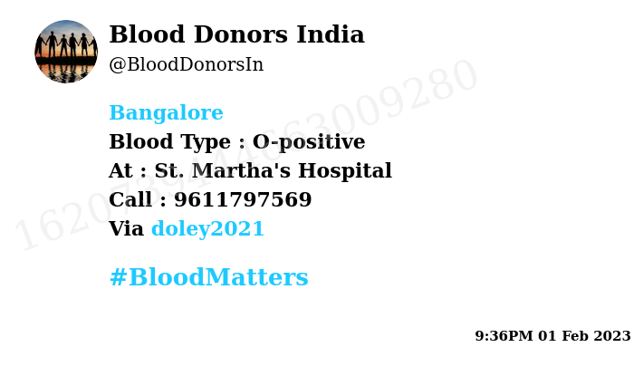BloodDonorsIn's tweet photo. #Bangalore
Need #Blood Type :  O-positive
Blood Component : Blood
Number of Units : 2
Primary Number : 9611797569
Via: @doley2021
#BloodMatters https://t.co/BAf91Yx3by
