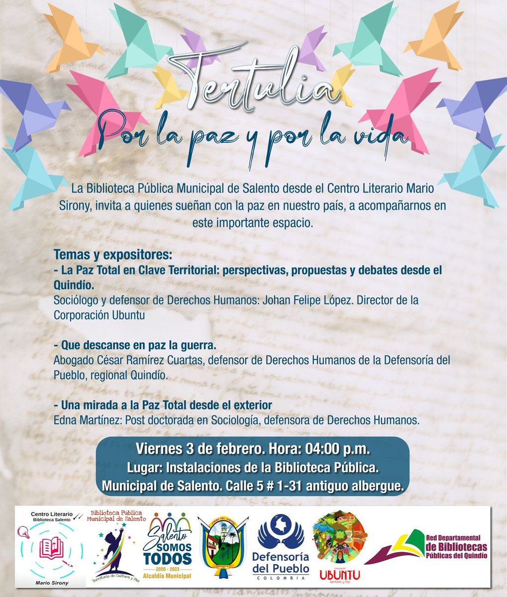 UbuntuPaz's tweet image. Debemos impulsar propuestas concretas de Paz desde el territorio que nos permitan superar el negacionismo histórico y el incremento de la violencia y criminalidad en #Quindío, #Risaralda, #Caldas y #NorteDelValle.
La invitación es este viernes en #Salento.