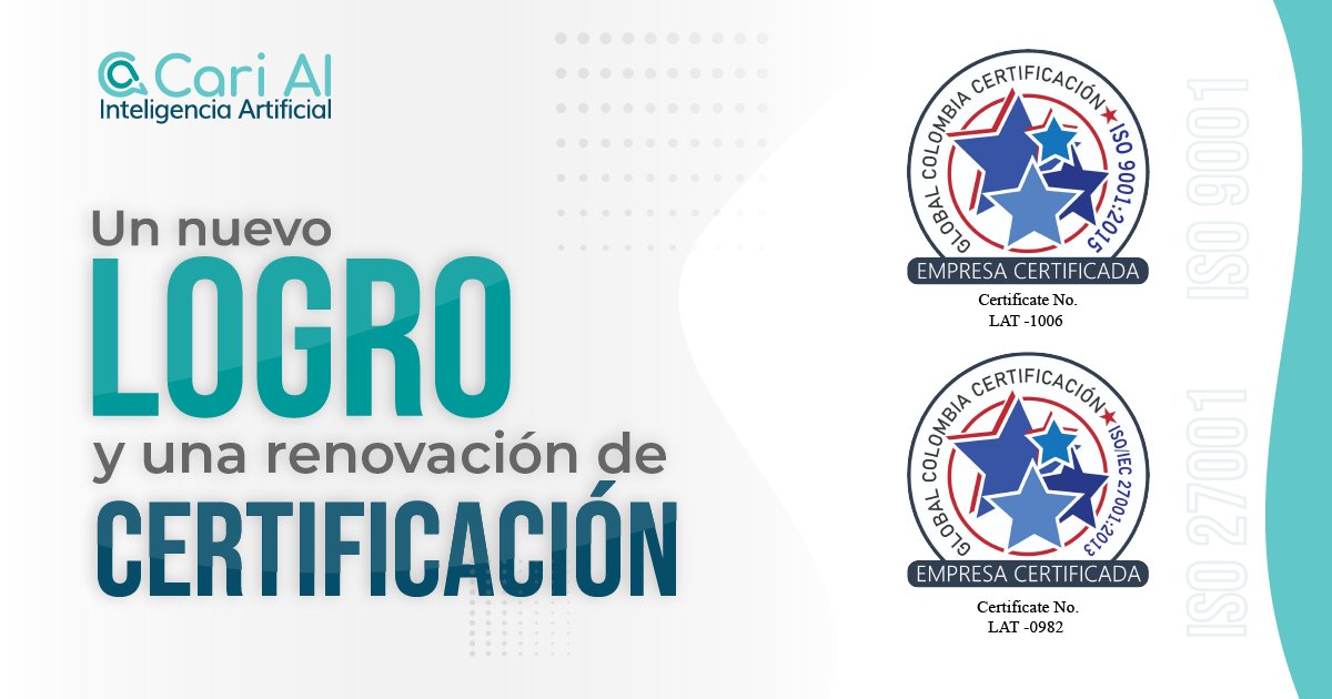 Queremos compartirte que Defytek S.A.S., y su marca registrada #CariAI comprometidos con la calidad ha obtenido oficialmente la certificación #ISO9001 y renovó su certificación en #ISO27001.✅ 🏅