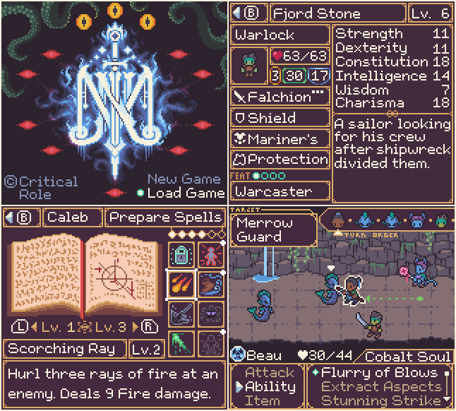 With the announcement of the #mightynein animated series, I decided to finish some mocks for an M9 Gameboy Color game. Imagine staying up playing this story in bed after lights out. All credits to <a href="/CriticalRole/">Critical Role</a> <a href="/matthewmercer/">Matthew Mercer</a> <a href="/LauraBaileyVO/">Laura Bailey</a> <a href="/VoiceOfOBrien/">Liam O'Brien</a> <a href="/WillingBlam/">Travis Willingham</a> #pixelart