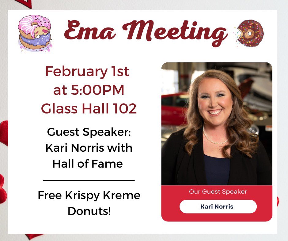 We will be having an EMA meeting TODAY!! 

Come eat Krispy Kreme donuts with us 🍩 
in Glass Hall 102 at 5:00pm🔥 We will have an amazing guest speaker, Kari Norris, to talk with us about internship opportunities at Missouri Sports Hall of Fame⚾️ 

Hope to see y’all soon! 🎉