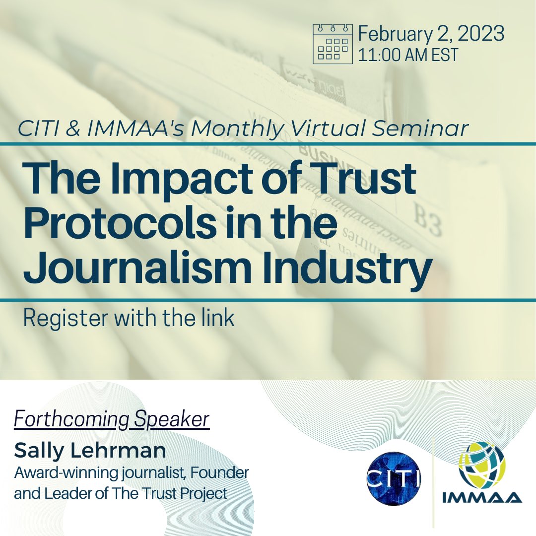 Building Trust in the News Industry with award-winning journalist and founder of The Trust Project, Sally Lehrman. Join us  Feb 2👇for IMMAA Monthly Virtual Seminar on News production, audience engagement &amp; standards promoting transparency in journalism. lnkd.in/dRgHJ_AA