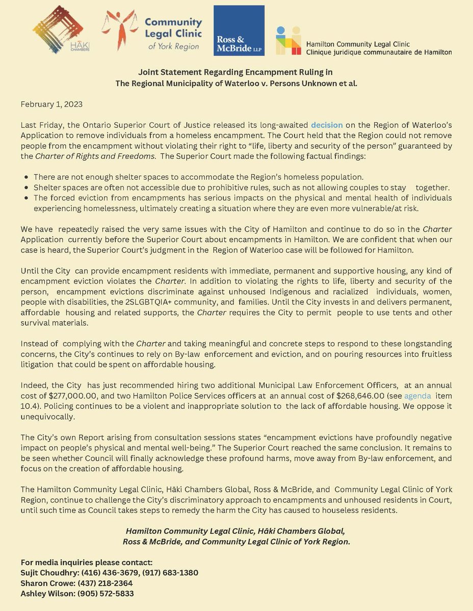 HamiltonJustice's tweet image. FOR IMMEDIATE RELEASE: Please see our statement for an important update on the ongoing encampment litigation happening in our community ⬇️