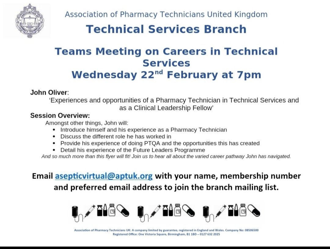 Careers and workforce in Pharmacy Technical Services is a hot topic, with so much transformation happening.
If this is up your street come to the next <a href="/APTUKTechnical/">APTUK Technical Services Branch</a> Branch meeting where we will have the illustrious <a href="/JohnOli74698522/">John Oliver</a> talking about this very subject!
@APTUK1