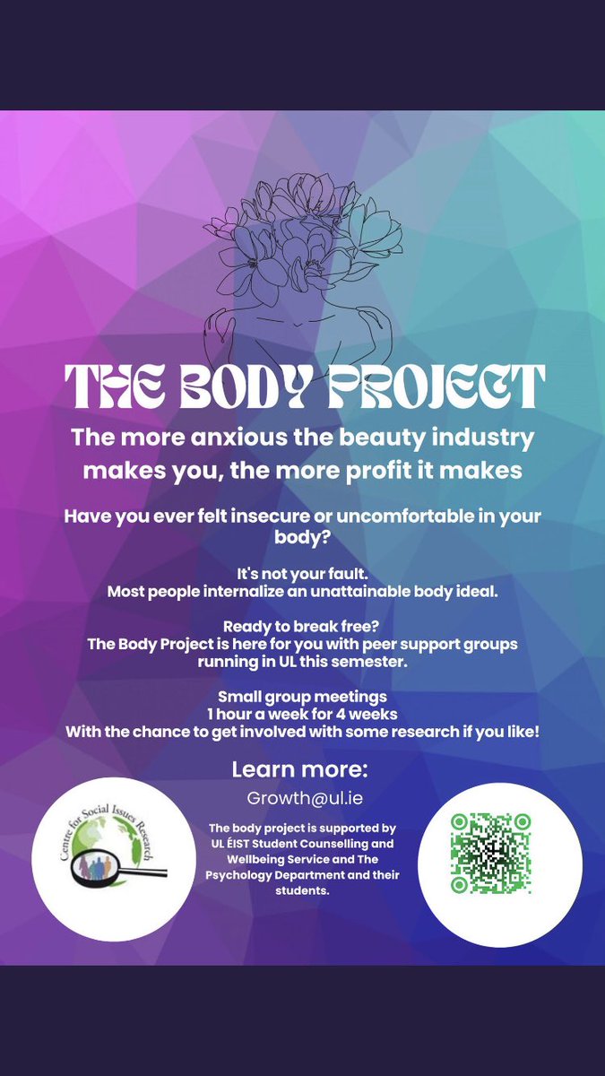 OrfMcL's tweet photo. Following the success of The Body Project last semester in @UL, we’re delighted to run another programme. It’s 1 hour for 4 weeks &amp; it’s free. Open to all U.L. students. Find out more and sign up here: https://t.co/JNVOexd9nJ #thebodyproject https://t.co/LUxqAFvSnJ