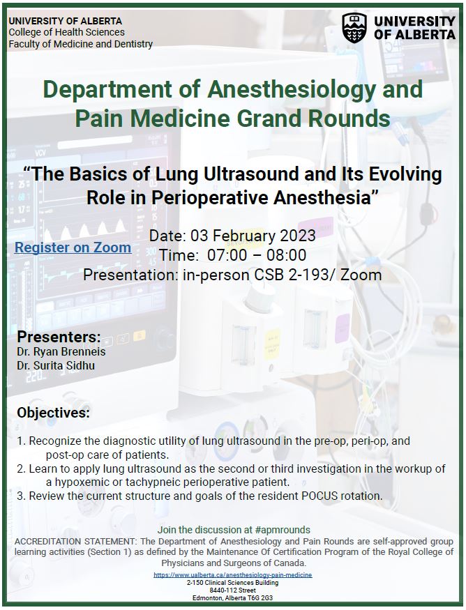 UAlbertaAnesth's tweet photo. Join us this Friday February 3rd for APM Grand Rounds. This week Drs. Ryan Brenneis and @suritasidhu will present: The Basics of Lung Ultrasound and Its Evolving Role in Perioperative Anesthesia #APMRounds https://t.co/o5EPHxNAtV