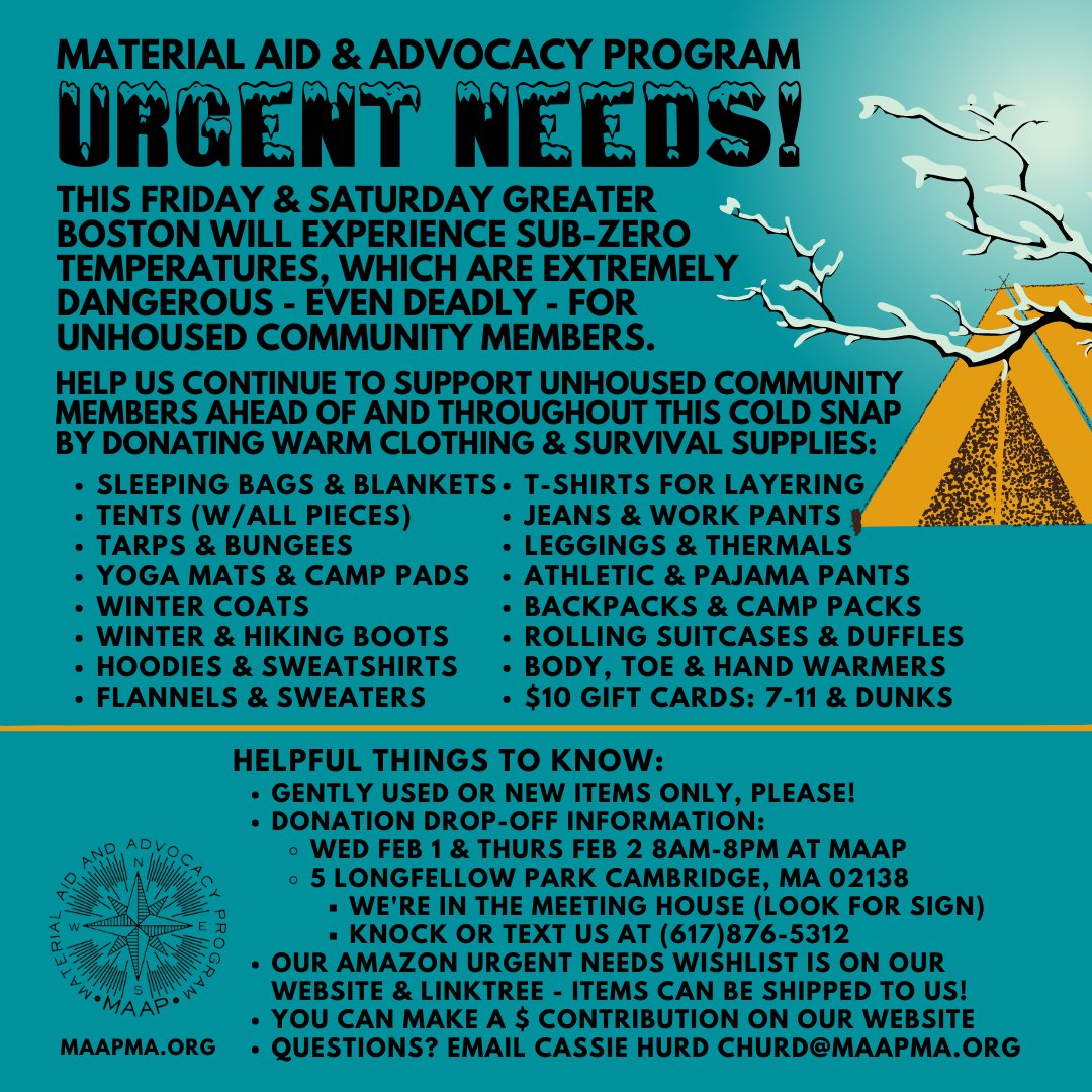 MAAPMass's tweet photo. 🧊 URGENT COLD WEATHER NEEDS! 🧊

We're expecting SUB-ZERO temps in
#bospoli / #cambma &amp; across #mapoli this Fri &amp; Sat.

Help us continue to support unhoused community members ahead of &amp; throughout this extremely dangerous, potentially deadly, weekend!

linktree in bio https://t.co/tsqHVUz4Pt