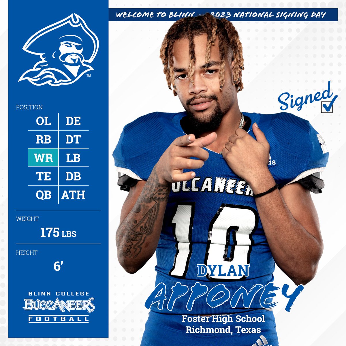 🖊️NSD23
🏈<a href="/dapponey1/">Dylan apponey</a>
📍Rosenberg, TX (Foster HS)
The newest member of the BucNation!! Welcome aboard!!🔵⚪️⚔️🏴‍☠️ #D1OfferU #FullSpeedAhead