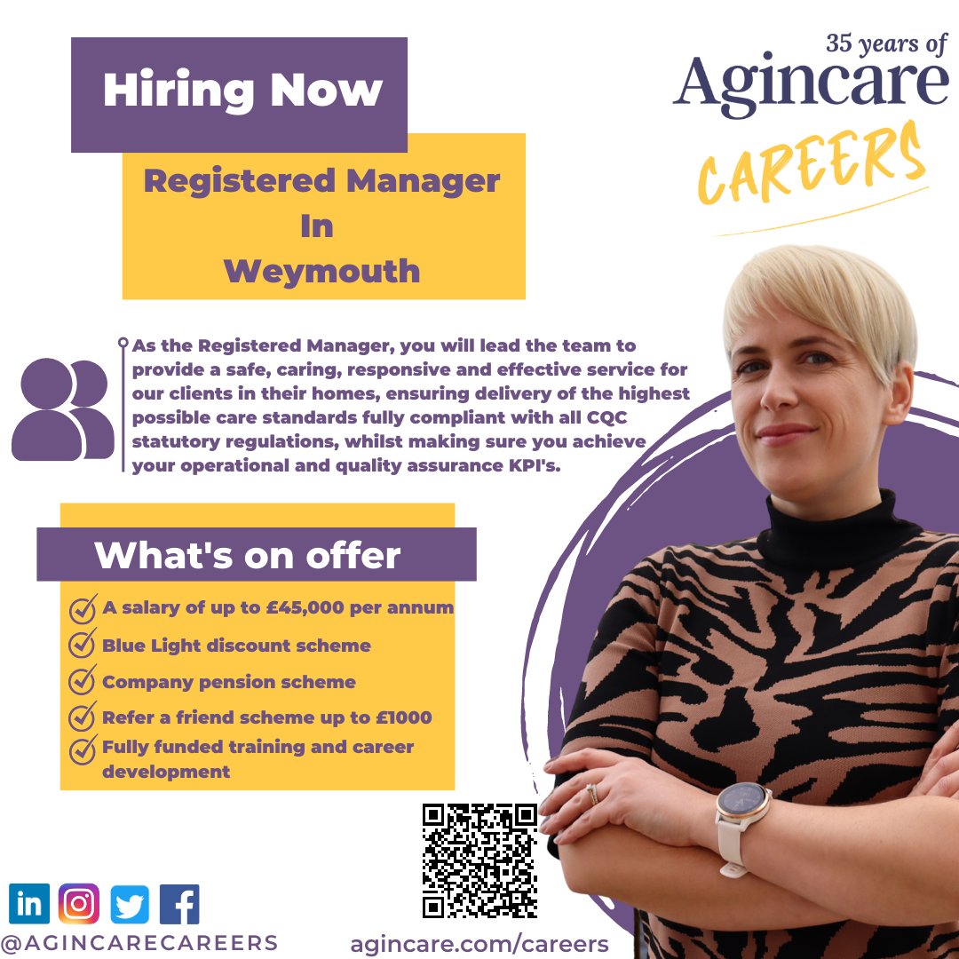Recruiting now for a Registered Manager to lead our home care branch in Weymouth!💼

#RegisteredManager #managerrole#careersincare #hiringnow #ukjobs #agincare #careroles #careworkers #careers #carework #carehomes #carehomejobs #carehomelife #Weymouth