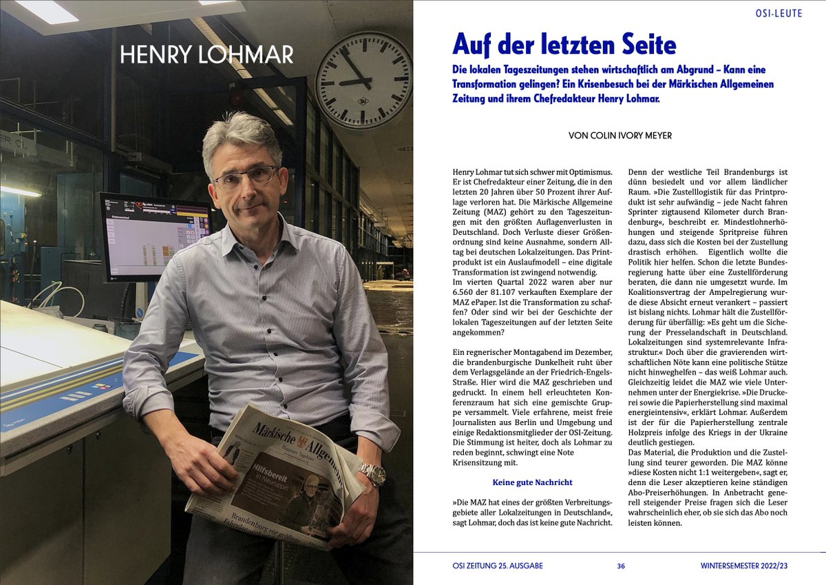 osi_zeitung's tweet photo. Die lokalen Tageszeitungen stehen wirtschaftlich am Abgrund – Kann eine Transformation gelingen? @ColinIvoryMeyer war bei der Märkischen Allgemeinen Zeitung und ihrem Chefredakteur @Henry_Lohmar auf der Suche nach einer Antwort. Hier zum Text: https://t.co/UgPBxn3GKR https://t.co/ets3yVfajH