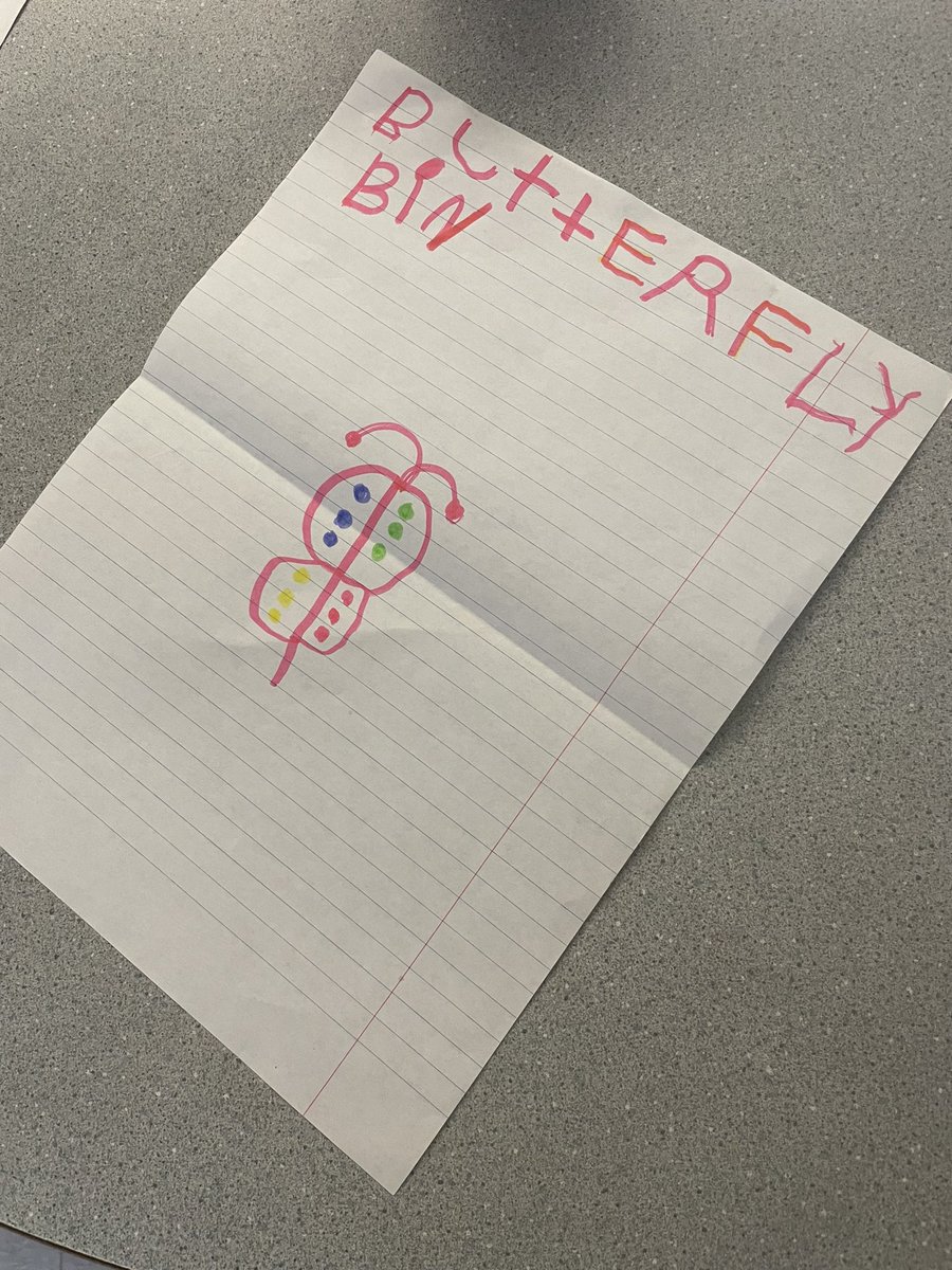 After creating a 🦋 with loose parts, the student decided to draw a picture of it. They labelled it using a butterfly book they found in the classroom.