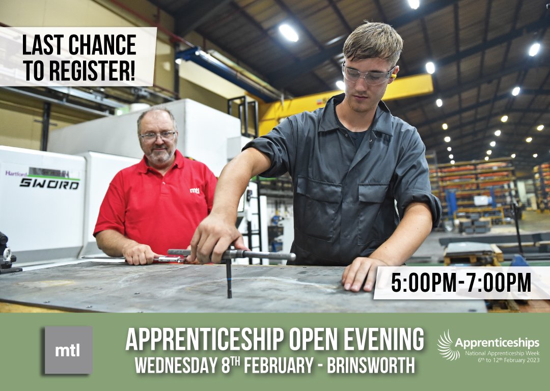 It’s one week to go until our annual Apprenticeship Open Evening in support of #NAW2023, and there is still time to register for your free ticket!

More information⬇
mtladv.com/apprenticeship…

#Apprenticeships #EngineeringApprenticeships #Manufacturing #WorkWithMTL #Engineering