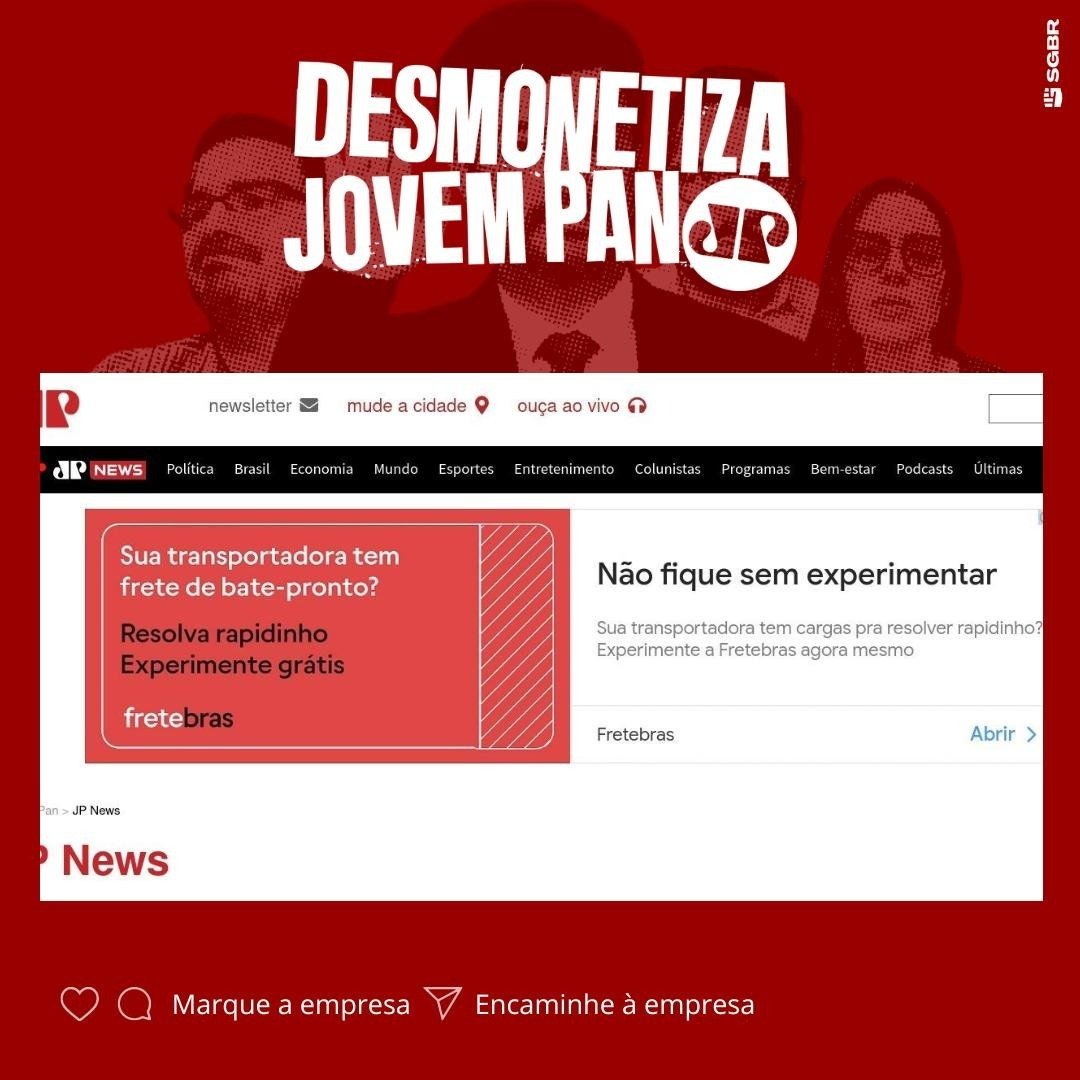 slpng_giants_pt's tweet photo. Olá @fretebras, tudo bem? Vocês fazem a conexão entre quem tem e quem leva carga. Infelizmente, encontramos seu anúncio do @googlebrasil no site golpista da Jovem Pan. Façam a conexão entre o povo e a democracia. Pfv, #DesmonetizaJovemPan! ✊🏽

Marquem para conscientizá-la! 👇🏽 https://t.co/pbnDhpI5W9