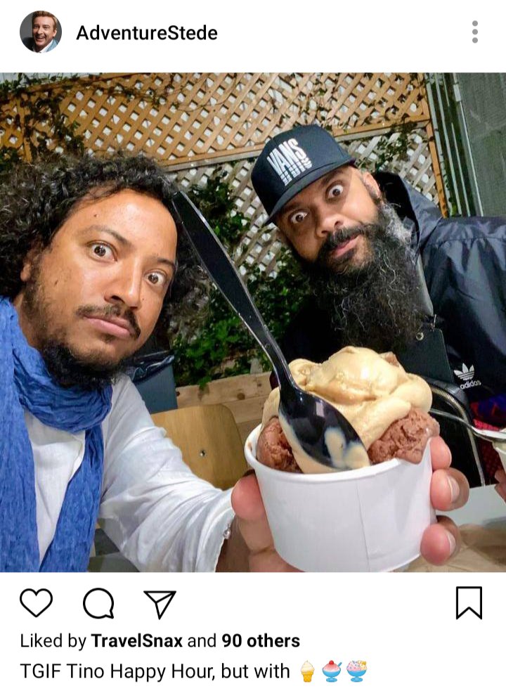Stede's IG:image of Roach and Ivan posing with ice cream. Caption reads "TGIF Tino Happy Hour but with 🍦🍧🍨" 
