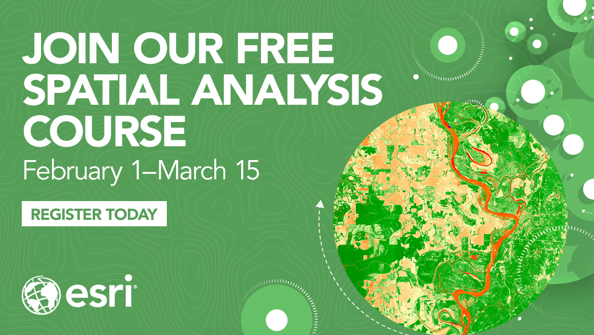 Esri Conservation (@esri_conserv) on Twitter photo Register for the <a href="/EsriTraining/">Esri Training</a> MOOC: Going Places with Spatial Analysis!
This course is for those who want to learn the unique capabilities of #spatial data analysis. Registration closes February 15th!
Details: esri.social/hPtb50MGNWn Register for the <a href="/EsriTraining/">Esri Training</a> MOOC: Going Places with Spatial Analysis!
This course is for those who want to learn the unique capabilities of #spatial data analysis. Registration closes February 15th!
Details: esri.social/hPtb50MGNWn
