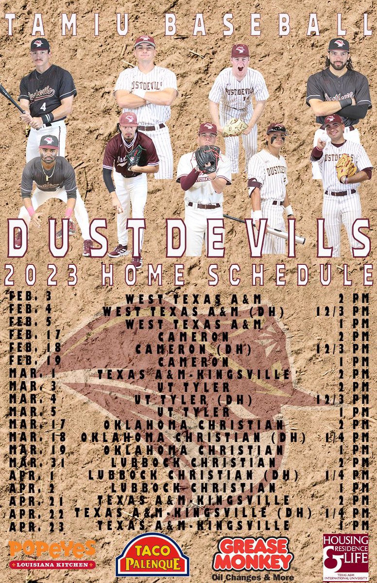 TAMIU_BSB's tweet photo. 2023 Schedule

Come see us at Jorge Haynes Field this spring! 

#dustem🤘⚾️ https://t.co/s0BnEwwEBG