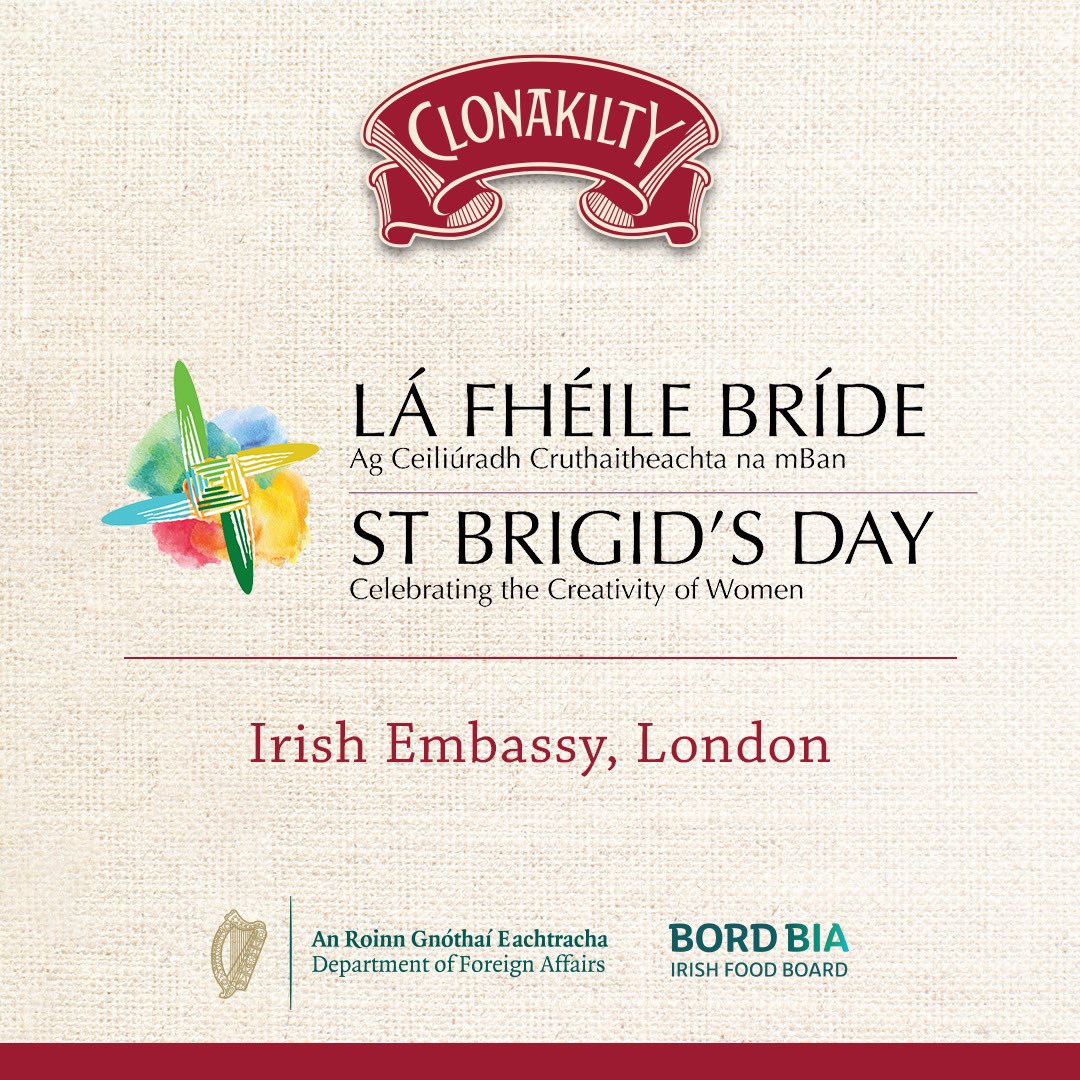 Happy St. Brigids Day everyone✨🌾 Well done to all at @IrelandEmbGB for organizing tonight’s event to Celebrate Creativity in Women. 👏🏼 Clonakilty are delighted to feature on tonight’s menu alongside other fantastic Irish brands. ☘️ It is sure to be a wonderful evening 😊