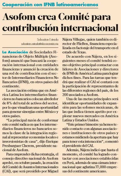 ASOFOM_OFICIAL's tweet photo. Los invitamos a leer la siguiente nota de @eleconomista, donde comunicamos la creación del nuevo Comité de Asuntos Internacionales #CAI, presidido por Miguel Nájera, el cual busca generar oportunidades para las #SOFOMes a mercados en Latinoamérica y USA.

https://t.co/5OLgQkI5OH https://t.co/U4W1Xd9RYA