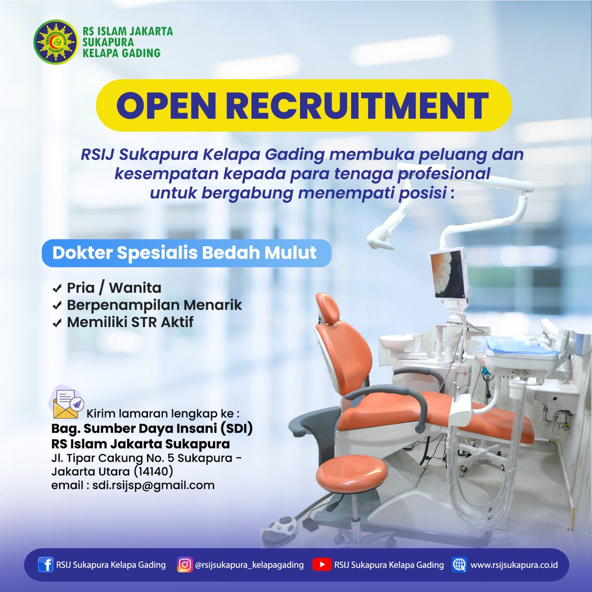 ediheryanto_'s tweet photo. [OPEN RECRUITMENT]
RSIJ Sukapura Kelapa Gading membuka peluang dan kesempatan kepada para tenaga profesional untuk bergabung menempati posisi :

Dokter Spesialis Bedah Mulut

Kirim lamaran lengkap ke :
Bag. Sumber Daya Insani (SDI)
RS Islam Jakarta Sukapura 
#lokerjakarta
#Loker https://t.co/3zLnHCgnVX