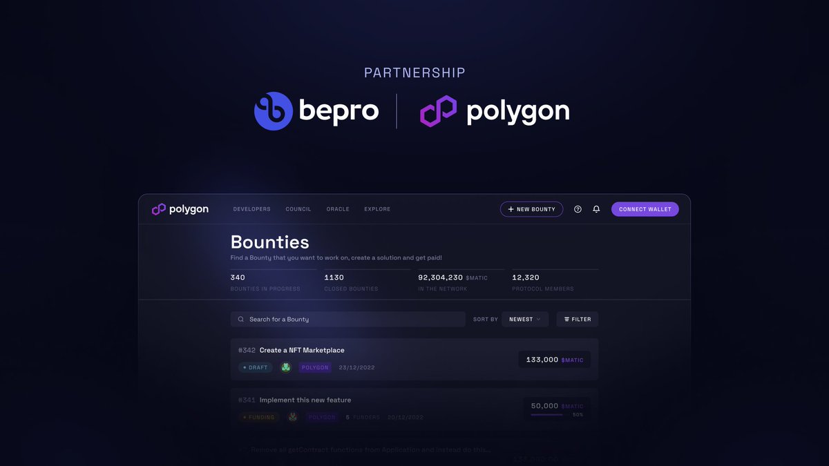 bepronet's tweet photo. We're thrilled to announce a partnership with @0xPolygon to launch their Bounty Network! 

By supporting Polygon Chain, Bepro Network is expanding to a new ecosystem following the vision to become the leading dapp to launch web3 bounties.

Learn more 👇
https://t.co/VcYp2FgthS https://t.co/cPATekLcck