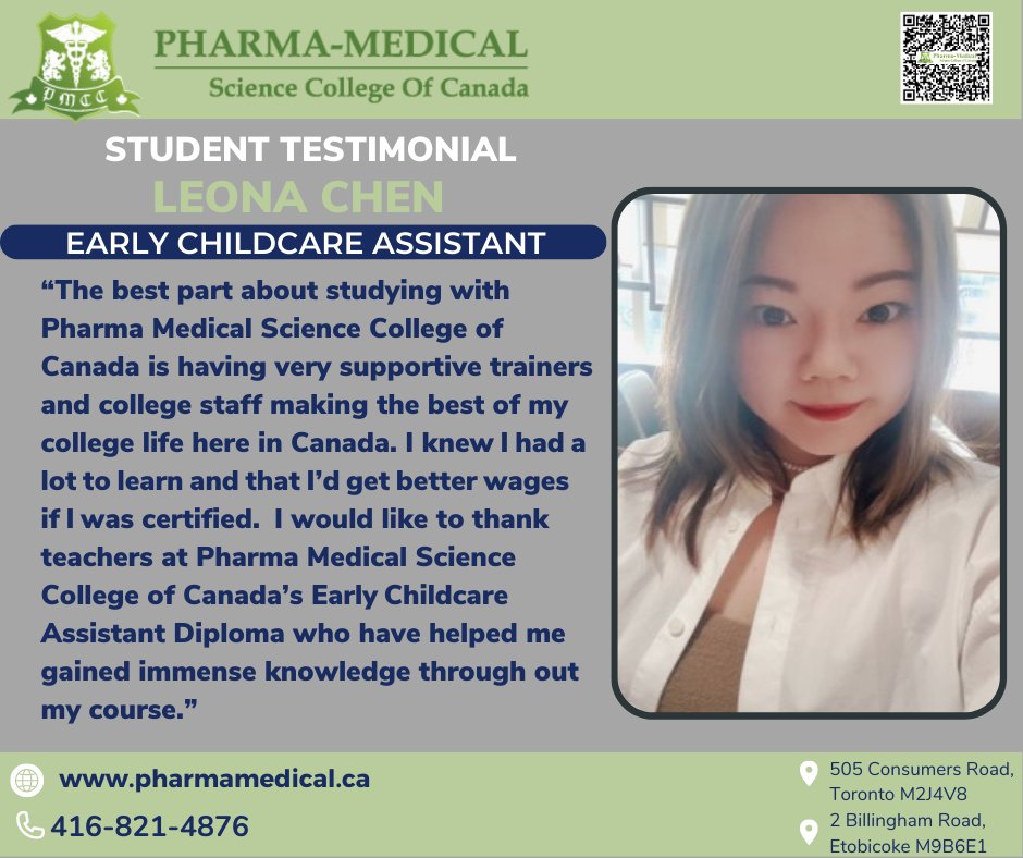 Chen's experience with Pharma-Medical Science College of Canada was valuable.

#pmsc #pharmamedical #earlychildcare #easrlychildcareassistant #canadacollege #canadaeducation #canadaschools #toronto #torontolife #healthcareexcellence #healthcareeducation  #ecacanada #ontario