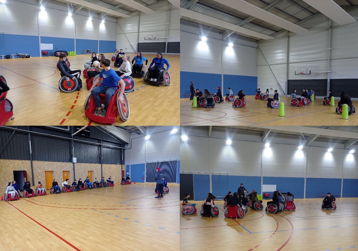 Le lundi 30 janvier 2023, les élèves de 4ème1 et de 4ème2 ont pratiqué le rugby fauteuil au COSEC pendant 2 heures. Les 2 intervenants du Stade Toulousain rugby fauteuil ont initié les élèves à ce sport paralympique à travers des situations ludiques.