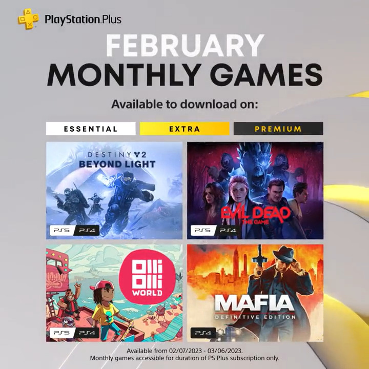 PlayStation on X: Your PlayStation Plus games for February have been  revealed: 🪐 Destiny 2: Beyond Light 🧟 Evil Dead: The Game 🛹  OlliOlliWorld 🕵️‍♂️ Mafia: The Definitive Edition Full details