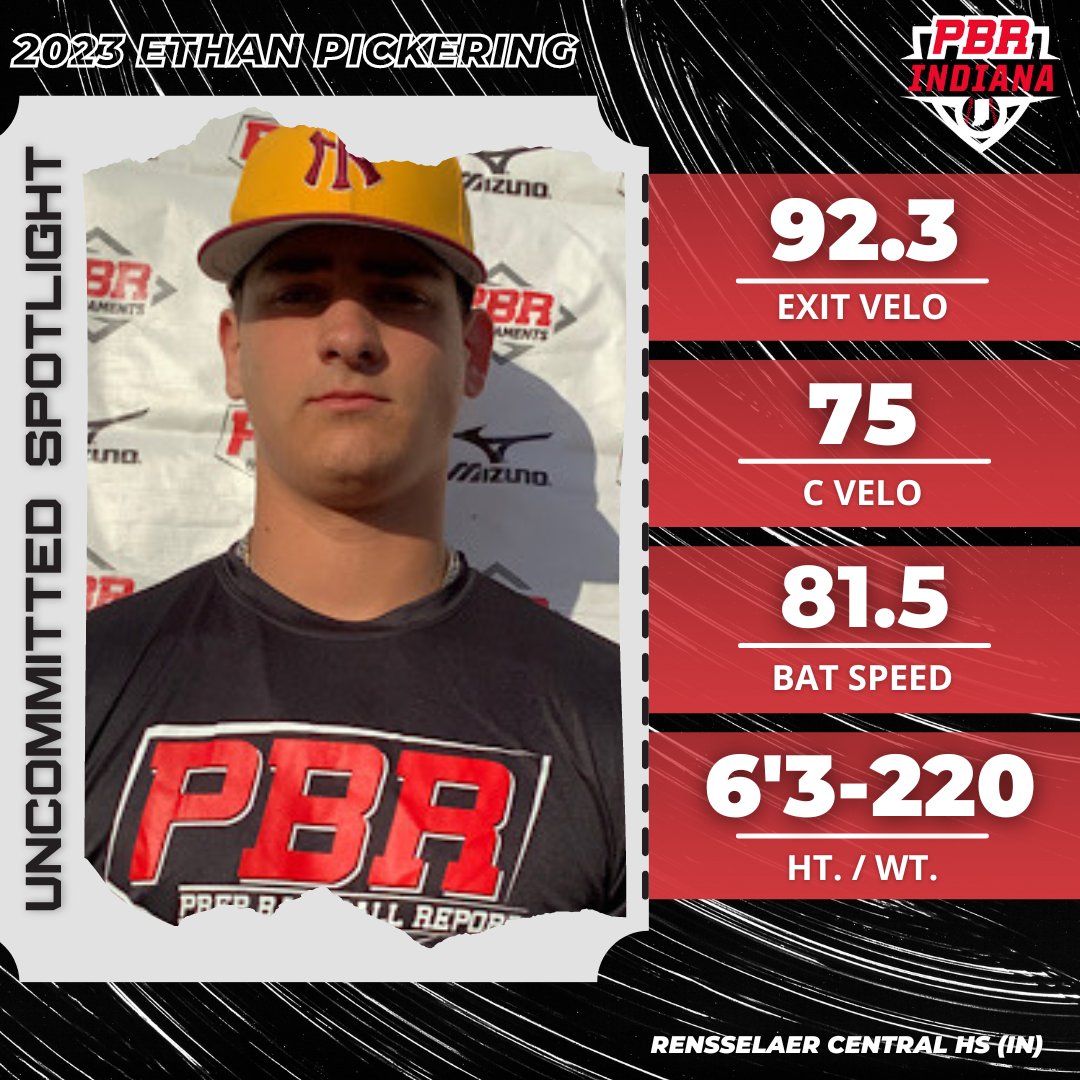 PrepBaseballIN's tweet photo. 𝙐𝙣𝙘𝙤𝙢𝙢𝙞𝙩𝙩𝙚𝙙 𝙎𝙥𝙤𝙩𝙡𝙞𝙜𝙝𝙩

2023 C/3B Ethan Pickering has a 6-foot-3, 220 pound physical frame. Top 2️⃣0️⃣ catcher in IN’s ‘23 class. 

Upward swing with a gap-to-gap approach. Raw bat speed. 1.98-2.10 pop behind the dish. 

👤PROFILE https://t.co/yxJRYlgcUI https://t.co/7OMGhohGEh