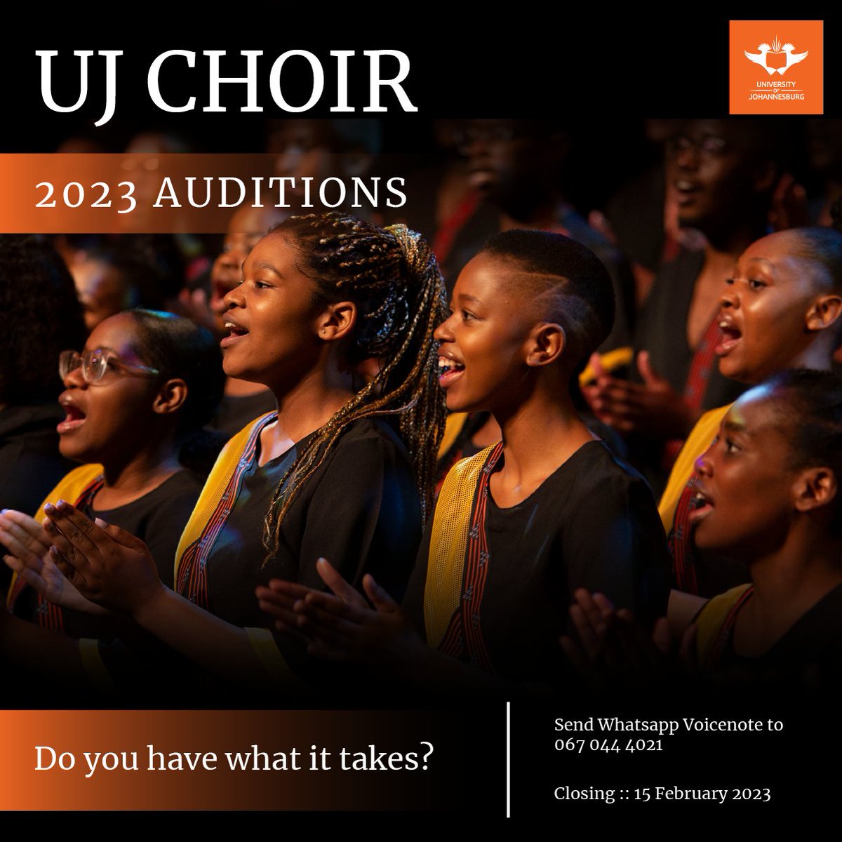 UJChoir's tweet photo. Do YOU have what it takes?
If you are a registered UJ student, it’s time to warm up your vocal cords and audition for the UJ Choir in 2023
#UJChoir
#UJArts&Culture
#ConnectedByCreativity https://t.co/pNOkBCvFdQ